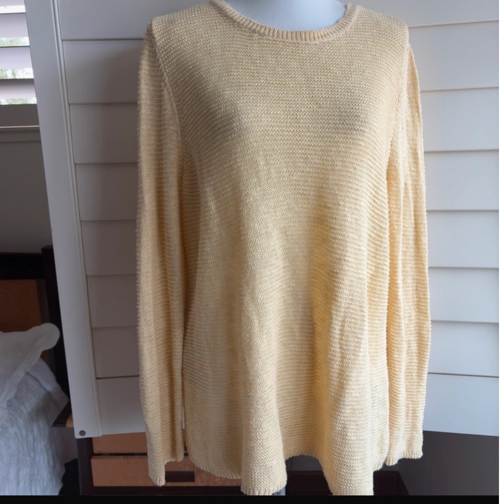 Eileen Fisher XL Organic Linen Cotton Open Knit Slouchy Sweater Yellow Crew Neck